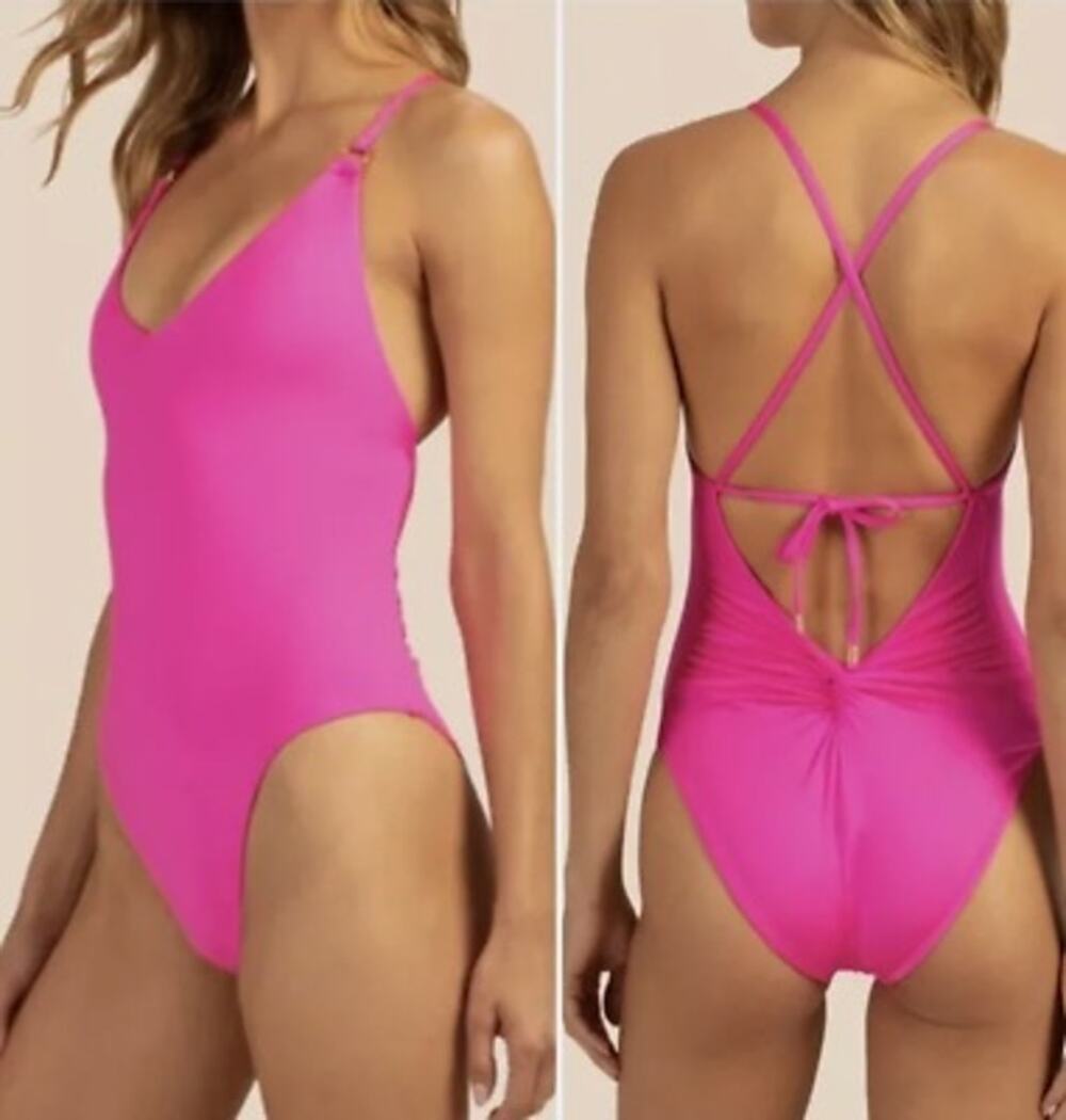 Trina Turk Monaco Twist Pink One Piece V-Neck Strappy Tie Back Swimsuit Size 6
